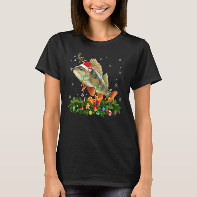 Xmas Holiday Reindeer Hat Santa Perch Fish Christm T-Shirt (Front)