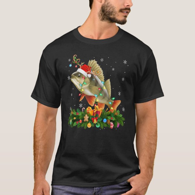 Xmas Holiday Reindeer Hat Santa Perch Fish Christm T-Shirt (Front)