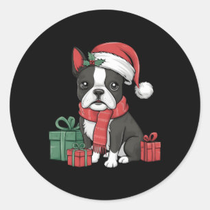 Xmas Holiday Santa Hat Boston Terrier Dog Christma Classic Round Sticker