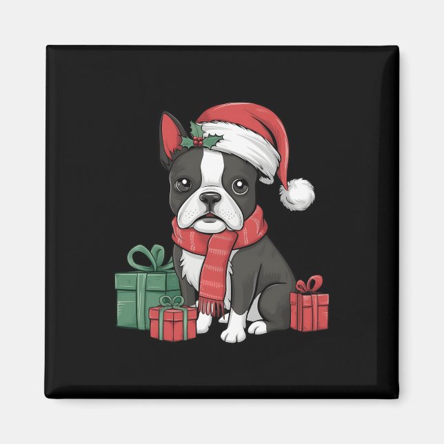 Xmas Holiday Santa Hat Boston Terrier Dog Christma Magnet (Front)