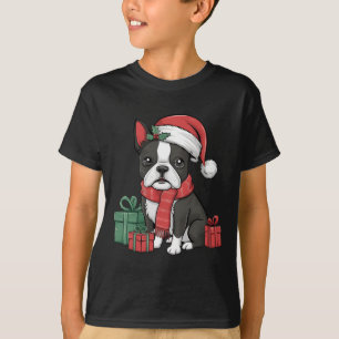 Xmas Holiday Santa Hat Boston Terrier Dog Christma T-Shirt