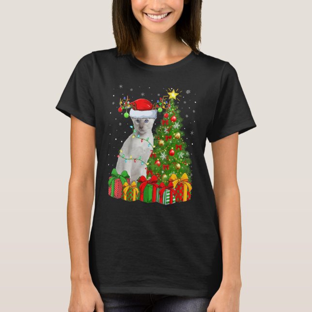 Xmas Holiday Santa Siamese Cat Christmas Tree T-Shirt (Front)