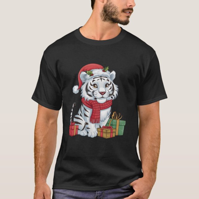 Xmas Holiday Santa White Tiger Christmas T-Shirt (Front)