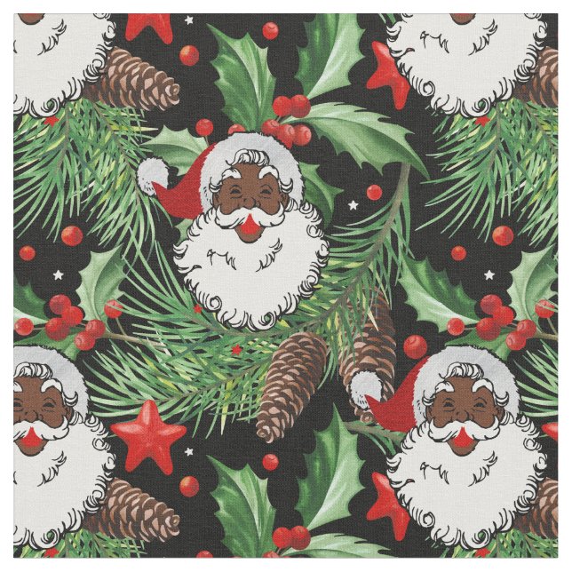 xmas holly black santa claus fabric (Close Up)