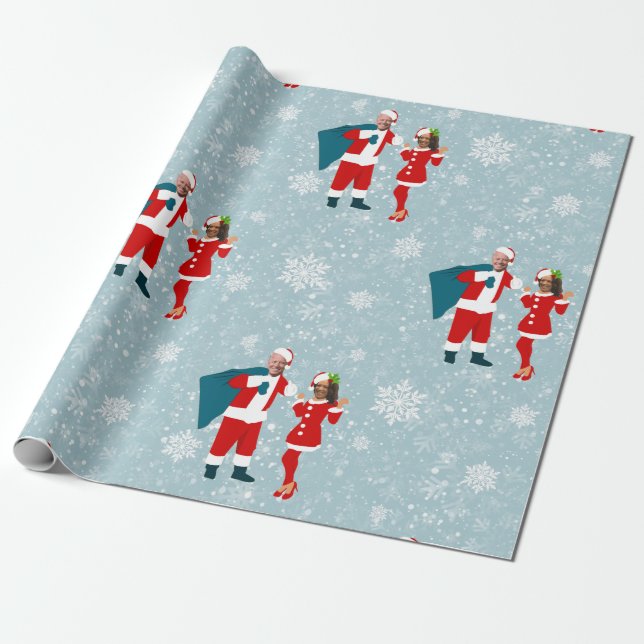 xmas joe biden santa kamala harris icy snowflakes wrapping paper (Unrolled)