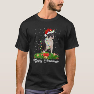 Xmas Lighting Decor Santa Hat Boston Terrier Dog C T-Shirt