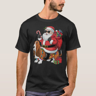 Xmas Lighting Funny Santa Riding Basset Hound Dog T-Shirt