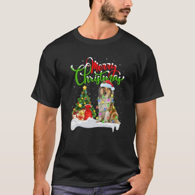Xmas Lighting Matching Santa Rough Collie Dog Chri T-Shirt (Front)