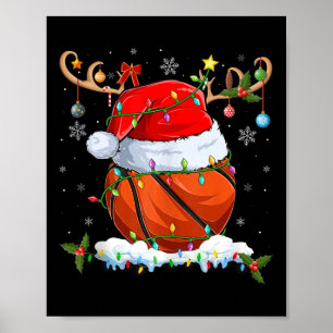 Xmas Lighting Reindeer Santa Hat Basketball Christ Poster