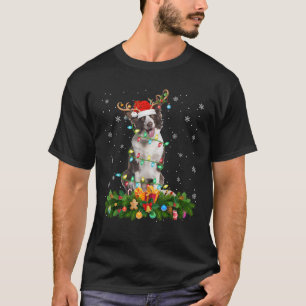 Xmas Lighting Reindeer Santa Hat Border Collie Dog T-Shirt