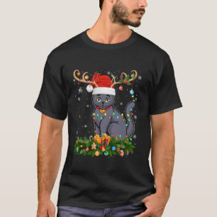 Xmas Lighting Reindeer Santa Hat Russian Blue Cat T-Shirt