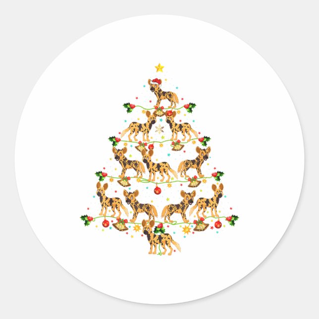 Xmas Lighting Santa African Wild Dog Christmas Tre Classic Round Sticker (Front)