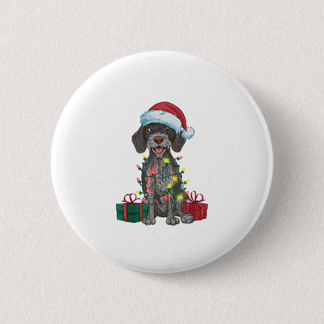 Xmas Lighting Santa German Wirehaired Pointer Dog  6 Cm Round Badge (Front)