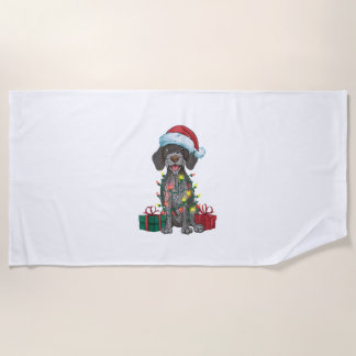 Xmas Lighting Santa German Wirehaired Pointer Dog  Beach Towel