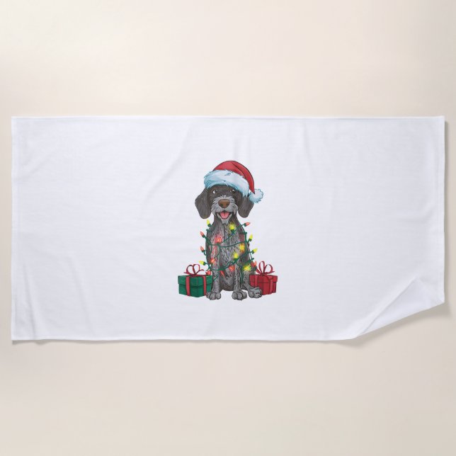 Xmas Lighting Santa German Wirehaired Pointer Dog  Beach Towel (Front)