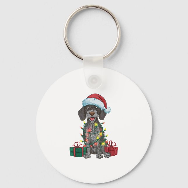 Xmas Lighting Santa German Wirehaired Pointer Dog  Key Ring (Front)