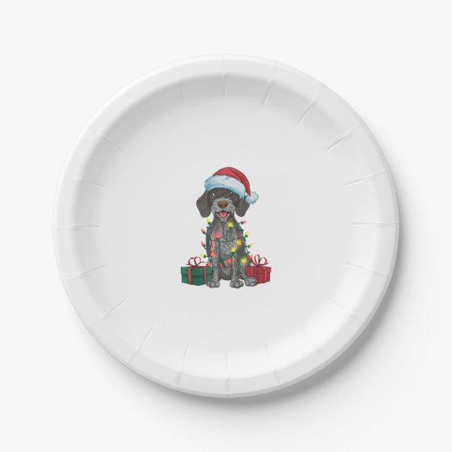 Xmas Lighting Santa German Wirehaired Pointer Dog  Paper Plate (Front)