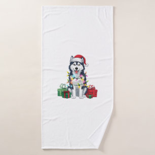 Xmas Lighting Santa Hat Alaskan Husky Dog Christma Bath Towel