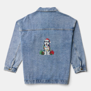 Xmas Lighting Santa Hat Alaskan Husky Dog Christma Denim Jacket