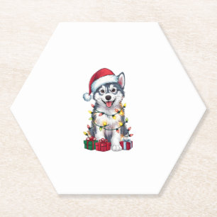 Xmas Lighting Santa Hat Alaskan Malamute Dog Chris Paper Coaster