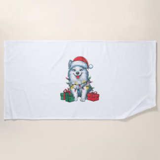 Xmas Lighting Santa Hat American Eskimo Dog Christ Beach Towel