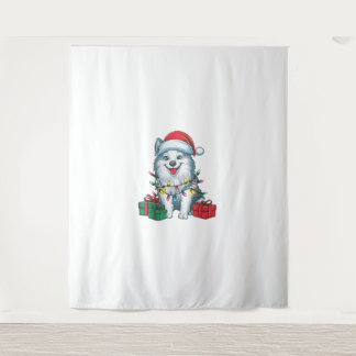 Xmas Lighting Santa Hat American Eskimo Dog Christ Tapestry
