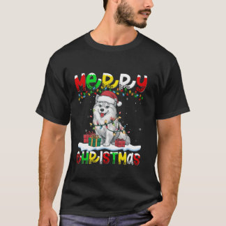 Xmas Lighting Santa Hat American Eskimo Dog Merry  T-Shirt