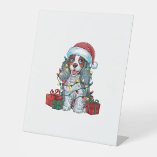 Xmas Lighting Santa Hat American Water Spaniel Dog Pedestal Sign