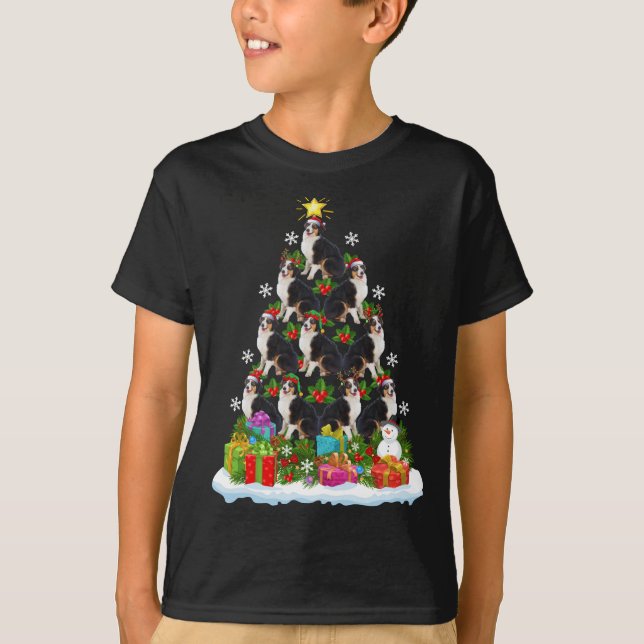 Xmas Lighting Santa Hat Australian Shepherd Christ T-Shirt (Front)