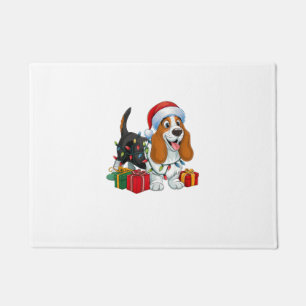 Xmas Lighting Santa Hat Basset Hound Dog Christmas Doormat