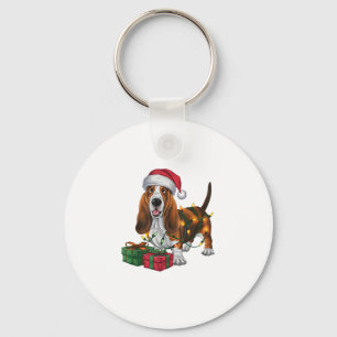 Xmas Lighting Santa Hat Basset Hound Dog Christmas Key Ring