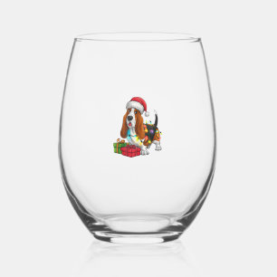 Xmas Lighting Santa Hat Basset Hound Dog Christmas Stemless Wine Glass