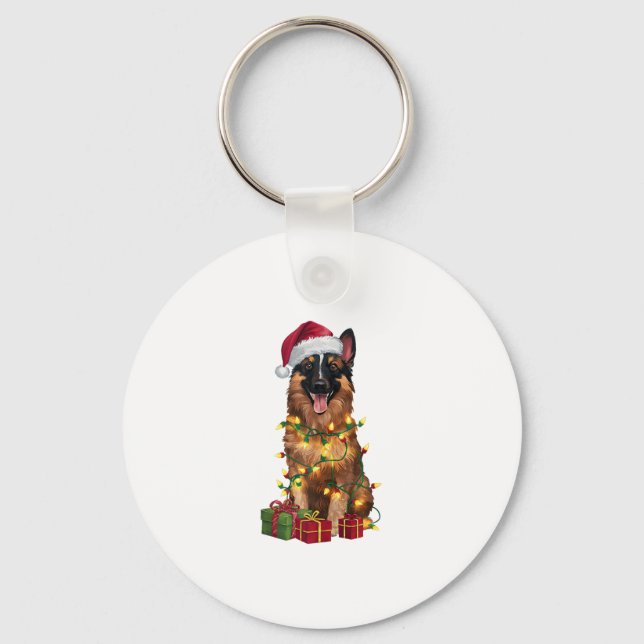 Xmas Lighting Santa Hat Belgian Tervuren Dog Chris Key Ring (Front)