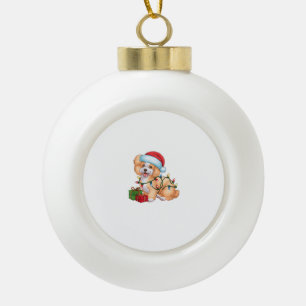 Xmas Lighting Santa Hat Bichon Frise Dog Christmas Ceramic Ball Christmas Ornament