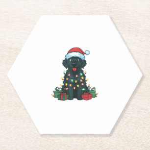 Xmas Lighting Santa Hat Black Golden Retriever Dog Paper Coaster