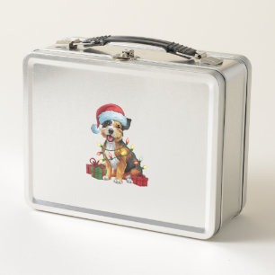 Xmas Lighting Santa Hat Border Terrier Dog Christm Metal Lunch Box