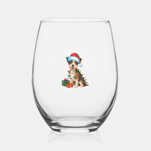 Xmas Lighting Santa Hat Border Terrier Dog Christm Stemless Wine Glass