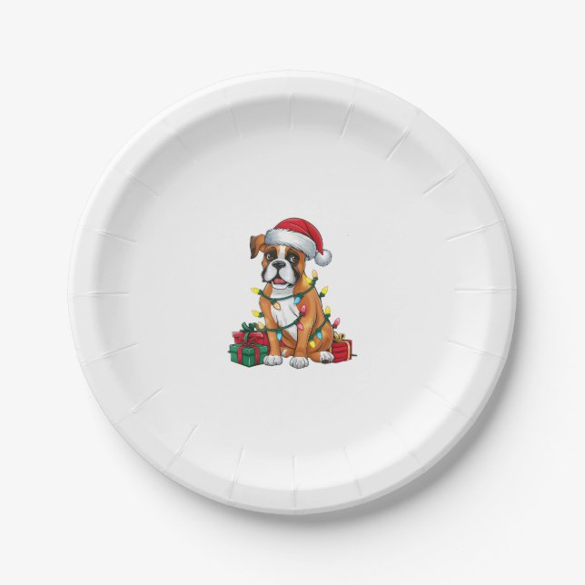 Xmas Lighting Santa Hat Boxer Dog Christmas  Paper Plate (Front)