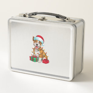 Xmas Lighting Santa Hat Cardigan Welsh Corgi Dog C Metal Lunch Box