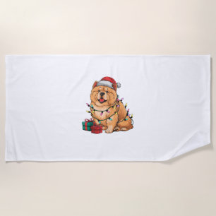 Xmas Lighting Santa Hat Chow Chow Dog Christmas Beach Towel