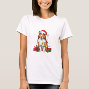 Xmas Lighting Santa Hat Collie Dog Christmas T-Shirt