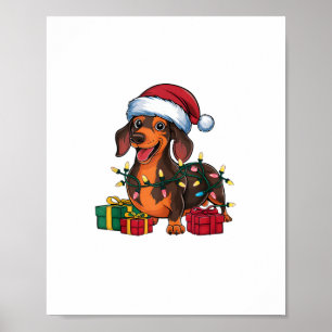 Xmas Lighting Santa Hat Dachshund Dog Christmas Poster