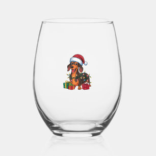 Xmas Lighting Santa Hat Dachshund Dog Christmas  Stemless Wine Glass