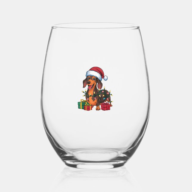 Xmas Lighting Santa Hat Dachshund Dog Christmas  Stemless Wine Glass (Front)
