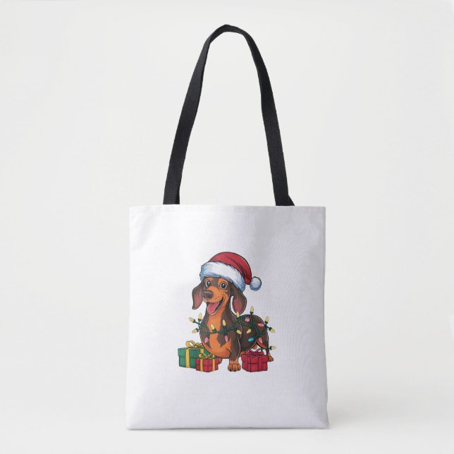 Xmas Lighting Santa Hat Dachshund Dog Christmas  Tote Bag (Front)
