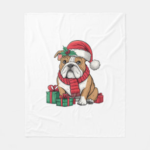 Xmas Lighting Santa Hat English Bulldog Christmas  Fleece Blanket