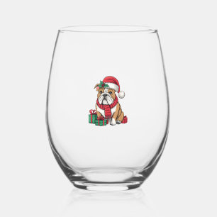 Xmas Lighting Santa Hat English Bulldog Christmas  Stemless Wine Glass
