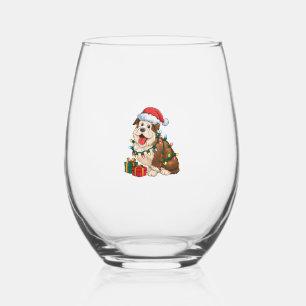 Xmas Lighting Santa Hat English Sheepdog Christmas Stemless Wine Glass