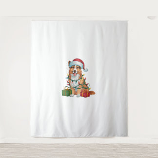 Xmas Lighting Santa Hat English Shepherd Dog Chris Tapestry