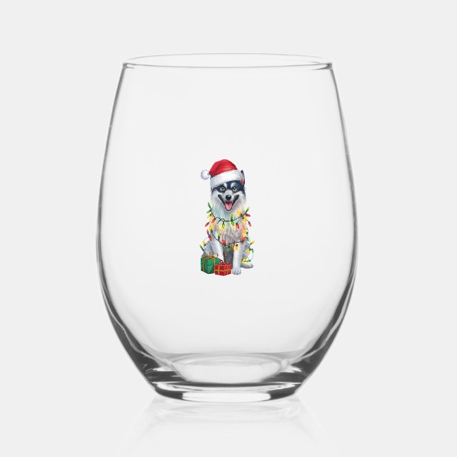Xmas Lighting Santa Hat Finnish Spitz Dog Christma Stemless Wine Glass (Front)